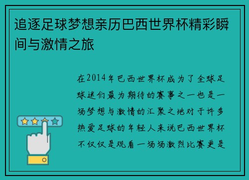 追逐足球梦想亲历巴西世界杯精彩瞬间与激情之旅